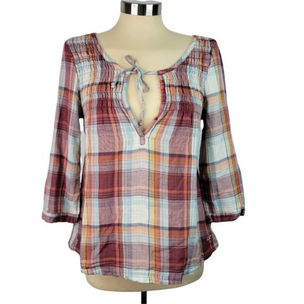 Hollister Top Peasant Blouse Medium Brick Red Plaid 3/4 Sleeve Tie Neck Bohemian